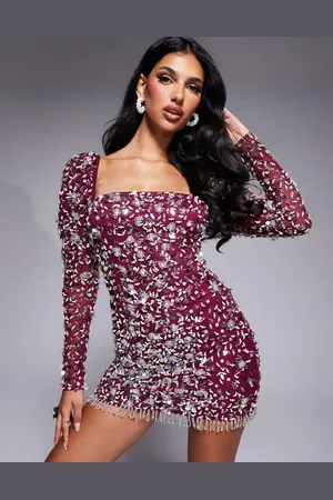 ASOS – Verziertes Minikleid in Burgunderrot mit langen Puffärmeln
