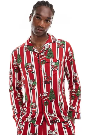 Chelsea Peers – Für Sie & Ihn – Weihnachts-Pyjama mit langärmligem Hemd mit Reverskragen und Hose aus Polyester mit gestreiftem Vintage-Weihnachtsmann-Muster