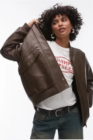 Topshop – Super-Oversize-Bomberjacke aus Kunstleder in mit Teddy-Futter