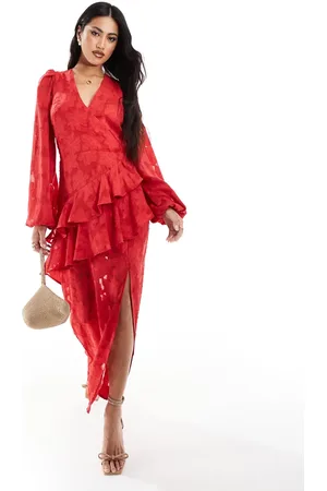 In The Style X Perrie Sian – Asymmetrisches Jacquard-Maxikleid in mit Wickeldesign und Rüschen