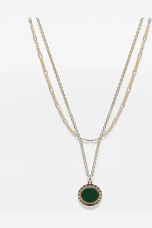 Reclaimed – Zweireihige Unisex-Halskette in Gold mit grünem Schmuckstein
