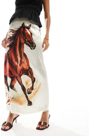 ASOS – Asymmetrischer Satin-Midirock mit Pferde-Print