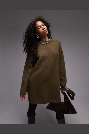 Topshop – Flauschiges Oversize-Strickkleid in Khaki mit Rundhalsausschnitt
