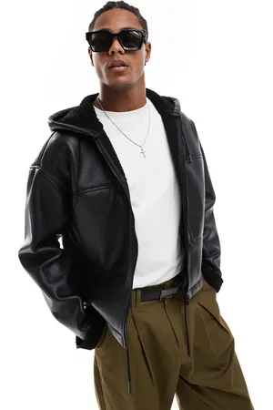 ASOS – Schwarze Pilotenjacke aus Kunstleder mit Teddyfutter und Kapuze