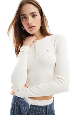 Tommy Hilfiger – Langärmliges Henley-Oberteil in Wollweiß