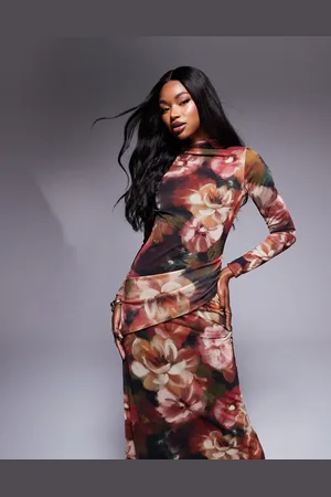 ASOS – Langärmliges, hochgeschlossenes Maxikleid in Schwarz mit Blumenmuster
