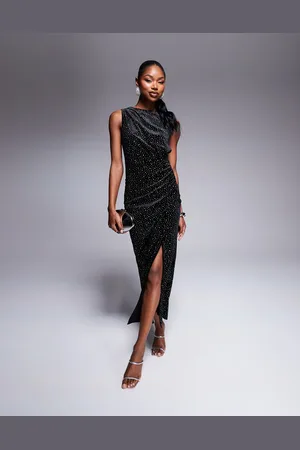 Rare Fashion London – Ärmelloses Midaxi-Kleid aus schwarzem Samt mit Strassbesatz und hohem Schlitz
