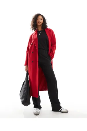 Pull&Bear – Langer, eleganter Mantel in Wolloptik in Tiefrot