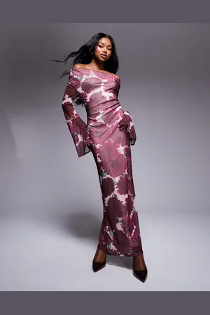 ASOS – Bedrucktes Netzstoff-Maxikleid mit Wasserfallausschnitt und ausgestellten Ärmeln