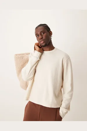 Abercrombie & Fitch – Langärmliges Shirt in Beige mit Waffelstruktur und kurzem Schnitt