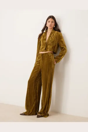 River Island – Weit geschnittene Hose aus Samt in Olivgrün, Kombiteil