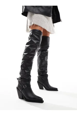 ASOS – Kingfisher – Geraffte Overknee-Stiefel aus Leder in mit Schnallen