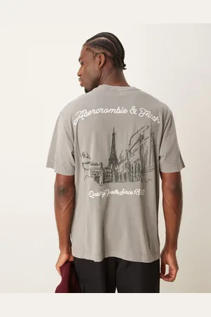 Abercrombie & Fitch – Oversize-T-Shirt in mittelgrauer Vintage-Acid-Waschung mit Citylandschafts-Logo auf dem Rücken