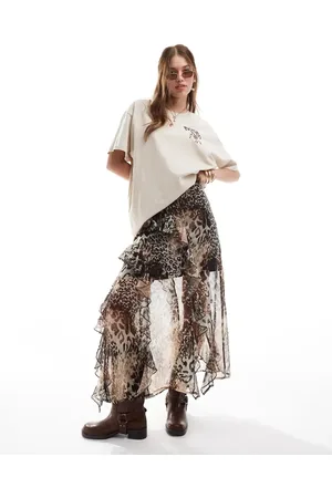 Miss Selfridge – Asymmetrisch geschnittener Maxirock aus Chiffon mit Animal-Print
