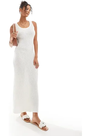 4th & Reckless – Ärmelloses Rippstrick-Maxikleid in Cremeweiß mit U-Ausschnitt