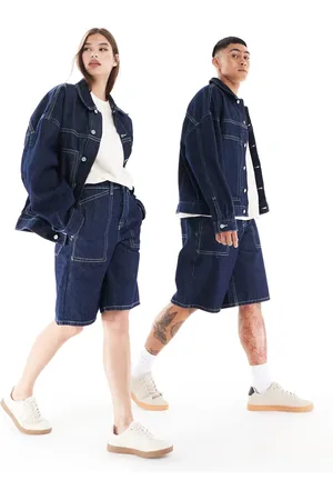 ASOS – Lange Unisex-Jorts aus Denim in blauer Rinse-Waschung mit Kontrastnähten