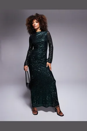 Jaded Rose – Langärmliges Pailletten-Maxikleid in Smaragdgrün