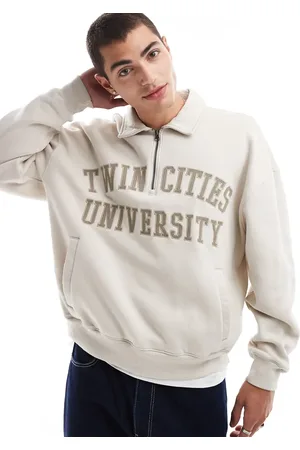 Hollister – Kastiges Sweatshirt in Beige mit kurzem Reißverschluss, Motiv und Umschlagkragen