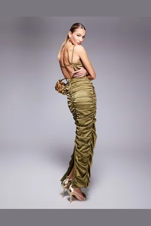 Jaded Rose – Gerafftes, rückenfreies Maxikleid in Olivgrün