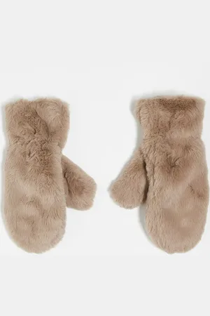 Pieces® – Fäustlinge aus Kunstpelz in Taupe