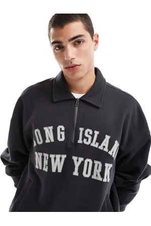 Hollister – Kastiges Sweatshirt in Beige mit kurzem Reißverschluss, Motiv und Umschlagkragen