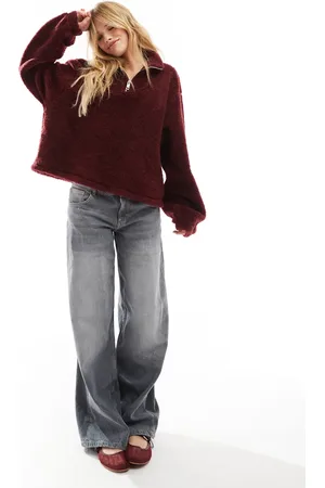 ASOS – Teddyfleece-Sweatshirt in Burgunderrot mit kurzem Reißverschluss