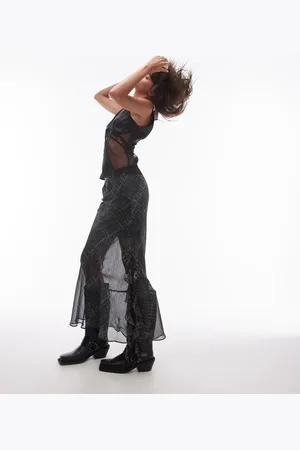 Topshop – Durchsichtiger Maxirock mit Grunge-Karomuster, asymmetrischem Schnitt und Einsätzen