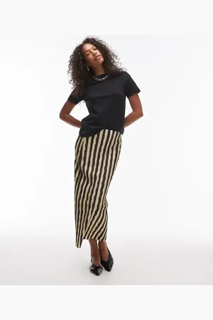 Topshop – Plissierter Midaxi-Rock in gestreiftem Schokobraun
