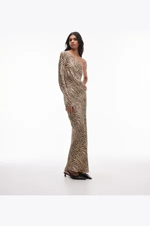 Topshop – Asymmetrisches Maxikleid mit Jacquard-Tigermuster und One-Shoulder-Träger