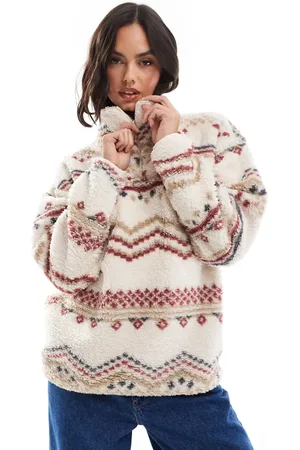 Brave Soul – Gemustertes Teddyfell-Sweatshirt in Cremeweiß mit kurzem Reißverschluss