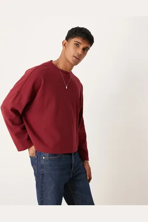 ASOS – Kastiges langärmliges Shirt in Burgunderrot mit Waffelstruktur und extremem Oversize-Schnitt