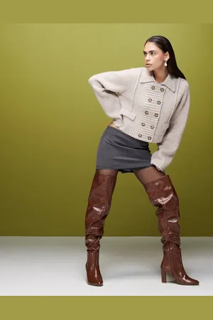 ASOS – Kaia – Overknee-Stiefel in Hellbraun mit Blockabsatz und gerafftem Schaft