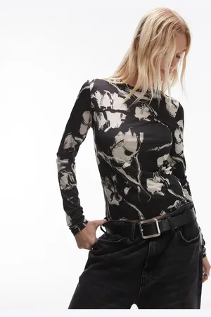 Topshop – Langärmliges Mikrofaser-Oberteil in -Weiß mit Blumenmuster