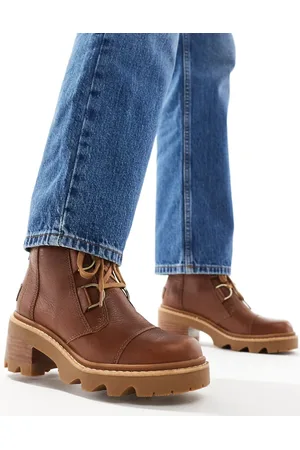 sorel – Joan Now – Schnürstiefel aus Leder in samtigem Hellbraun und Schwarz mit Absatz