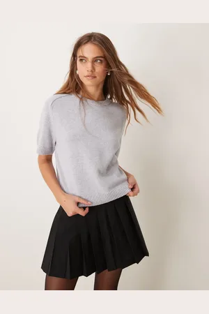 Abercrombie & Fitch – T-Shirt aus Strickmaterial in Hellgrau mit Rundhalsausschnitt