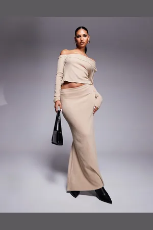 ASOS – Angerauter Maxirock in geripptem Steinbeige mit Schwalbenschwanz, Kombiteil