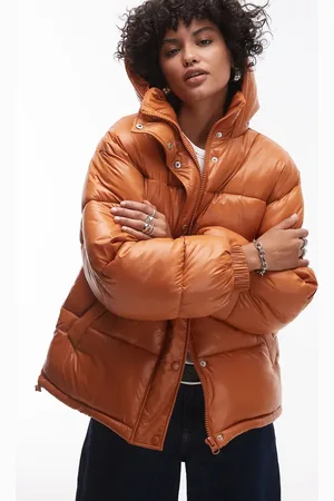 Topshop – Mittellange Pufferjacke in dunklem mit Kapuze