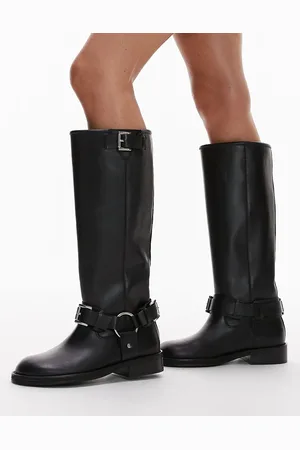 Topshop – Tee – Kniehohe Bikerstiefel aus hochwertigem Leder in mit Absatz
