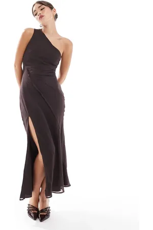 ASOS – One-Shoulder-Midikleid in Braun mit ungesäumten Kanten und Ziernähten