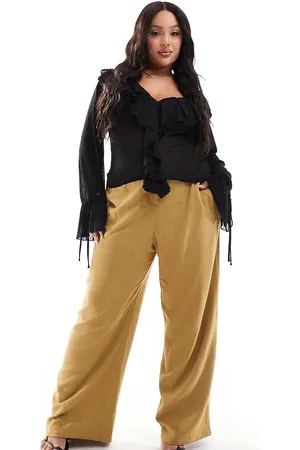 ASOS ASOS DESIGN Curve – Elegante, weit geschnittene Hose in Olivgrün mit hohem Bund, Ziernaht und Leinenanteil