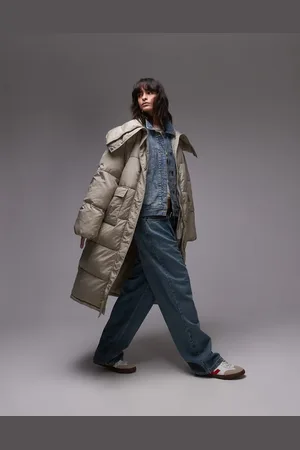 Topshop – Longline-Pufferjacke in Steinbeige mit Stehkragen