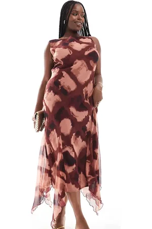 ASOS ASOS DESIGN Curve – Ärmelloses Midaxi-Kleid in verschwommenem Burgunder kariert mit Godet-Details