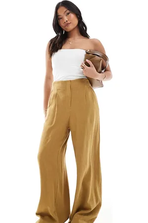 ASOS ASOS DESIGN Petite – Elegante, weit geschnittene Hose in Olivgrün mit hohem Bund, Ziernaht und Leinenanteil
