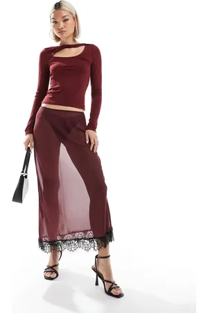 ASOS – Transparenter Maxirock in Burgunderrot aus Chiffon mit Spitzensaum