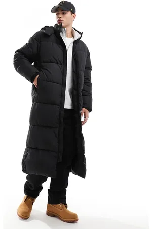 ASOS – Lang geschnittene, schwarze Pufferjacke mit Kapuze