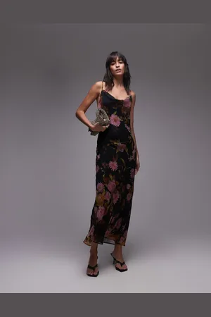 Topshop – Midi-Trägerkleid in Rosa und Limettengrün geblümt mit Wasserfallausschnitt und verdrehtem Design am Rücken