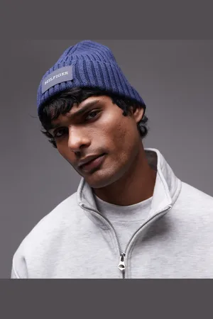 Tommy Hilfiger – Gerippte Strickmütze in Marineblau mit Logo-Aufnäher