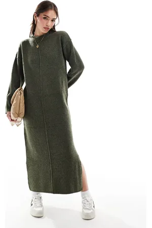 ASOS – Midaxi-Strickkleid in Khaki mit Ziernaht auf der Vorderseite