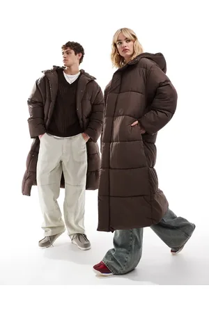 COLLUSION Unisex – Maxi-Pufferjacke in Braun mit Kapuze
