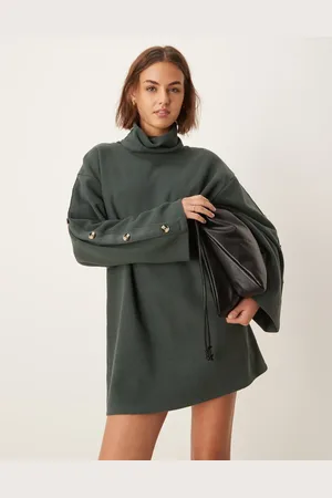 ASOS – Superweiches, hochgeschlossenes Etui-Minikleid in Tannengrün mit Ärmelknöpfen